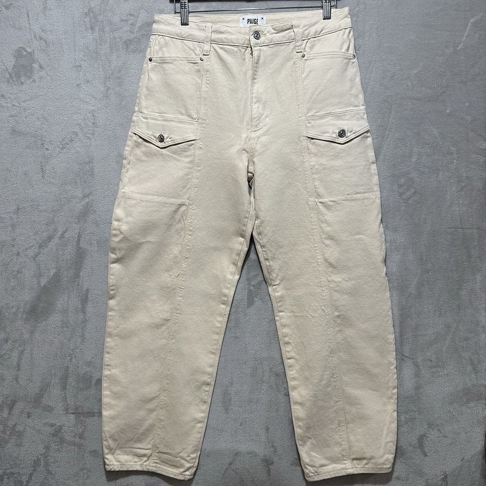 Paige Alexis Women's 32 Blonde Sand Cargo‎ Pants Barrel Leg High Rise Jeans Logo